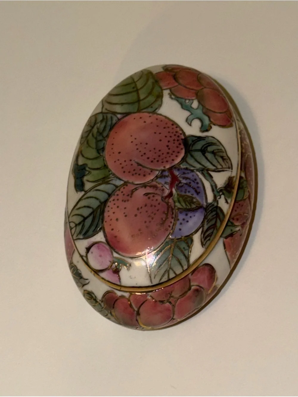 Vtg Toyo China Oval Porcelain Box Enamel Peaches & Fruit Motif Dish w/ gold trim